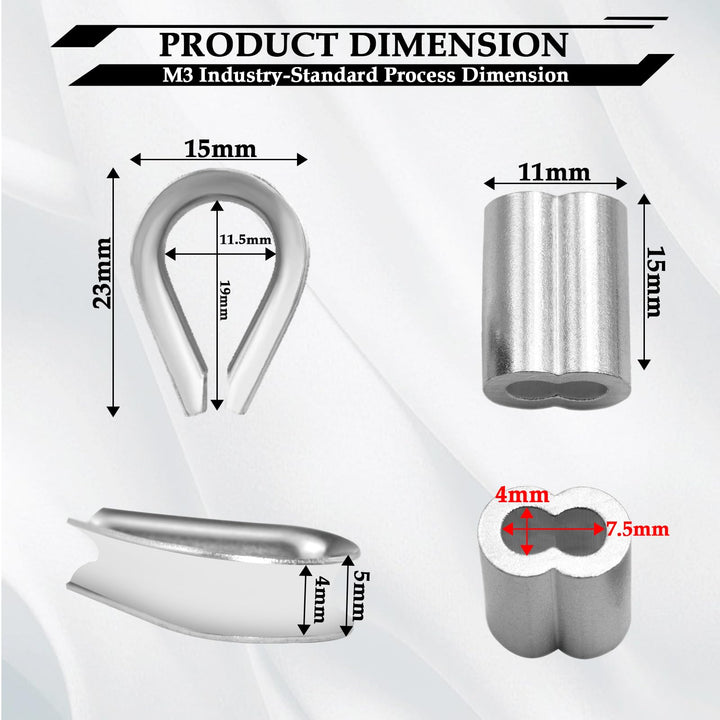 304 Stainless Steel Wire Rope Accessory Set M3 Cable Clamp Silver Thimble and Aluminum Crimping Loop for 1/8 Inch Wire Rope Cable Thimbles Rigging