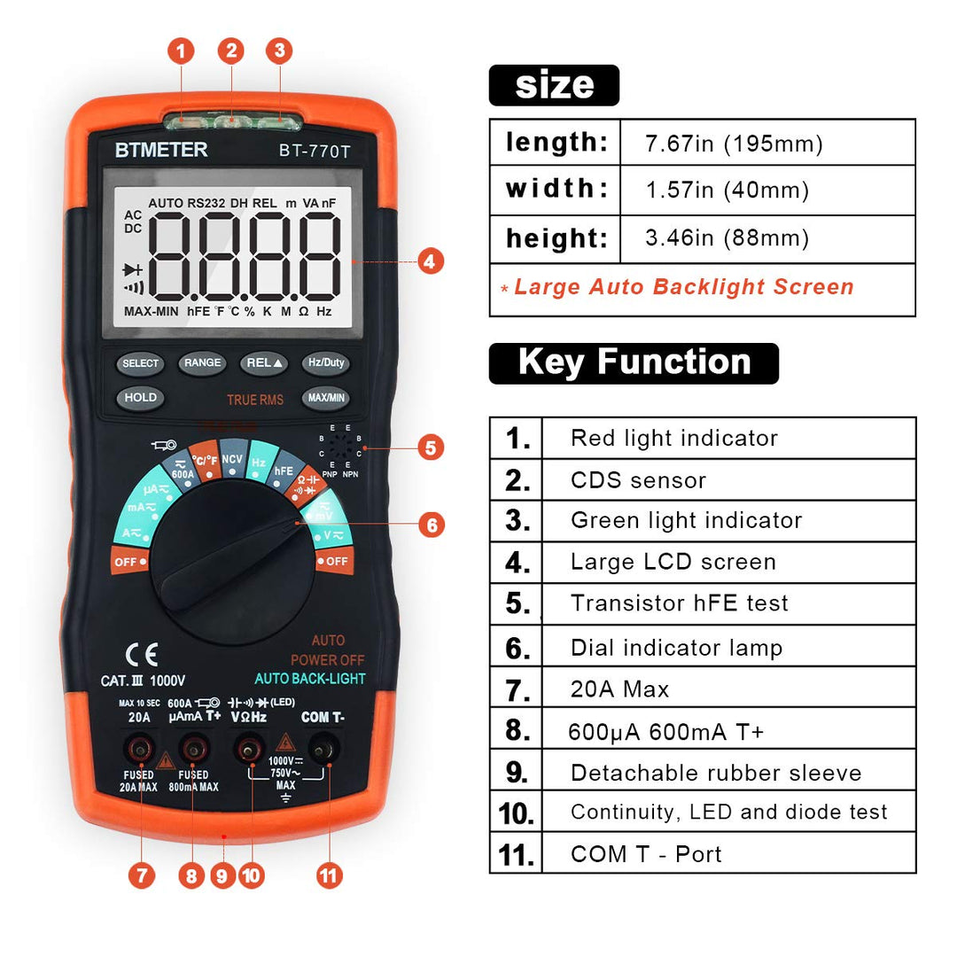 True RMS Digital Multimeter Tester 6000 Counts AC DC 20A Ohmmeter Voltmeter DMM Measure Voltage Current Amp Resistance Diodes Continuity Duty-Cycle Capacitance Temperature ( BT-770T)