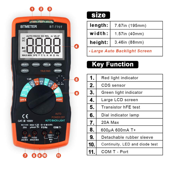 True RMS Digital Multimeter Tester 6000 Counts AC DC 20A Ohmmeter Voltmeter DMM Measure Voltage Current Amp Resistance Diodes Continuity Duty-Cycle Capacitance Temperature ( BT-770T)