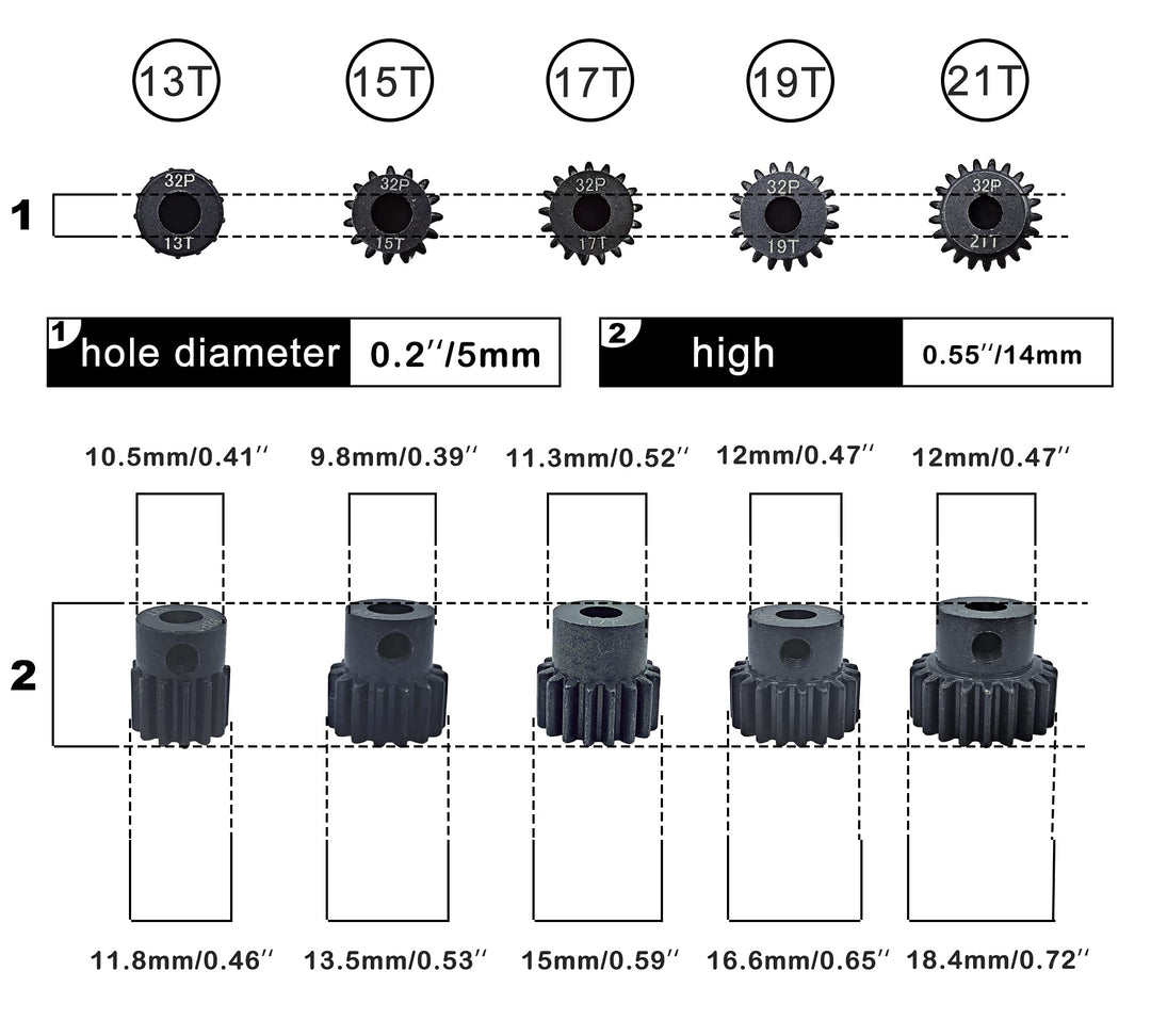 32P 5mm Hardened Metal Pinion Motor Gear Set 13T 15T 17T 19T 21T with 3.175mm Coupler for RC Buggy Car Monster Truck