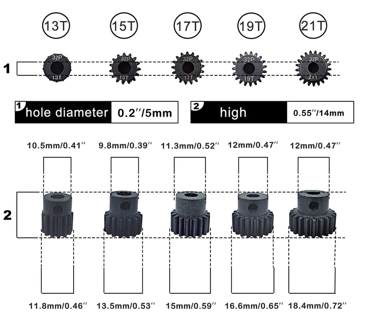 32P 5mm Hardened Metal Pinion Motor Gear Set 13T 15T 17T 19T 21T with 3.175mm Coupler for RC Buggy Car Monster Truck