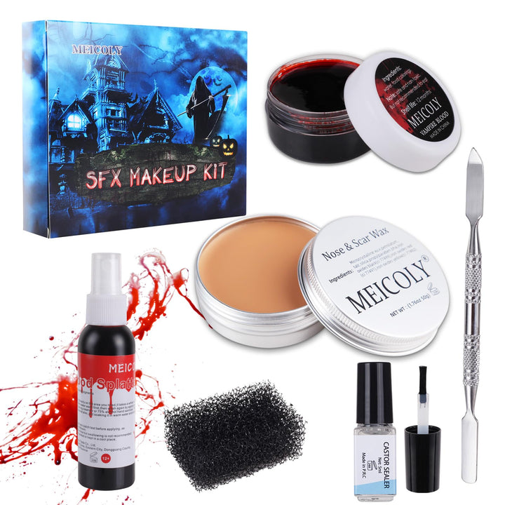 SFX Makeup Kit Scars Wax, Fake Blood Spray(2.1Oz) Halloween Special Effect Wound Modeling Skin Wax(1.67Oz) with Spatula, Black Stipple Sponge, Coagulated Blood Gel(1.06Oz),5ml Castor Sealer,02