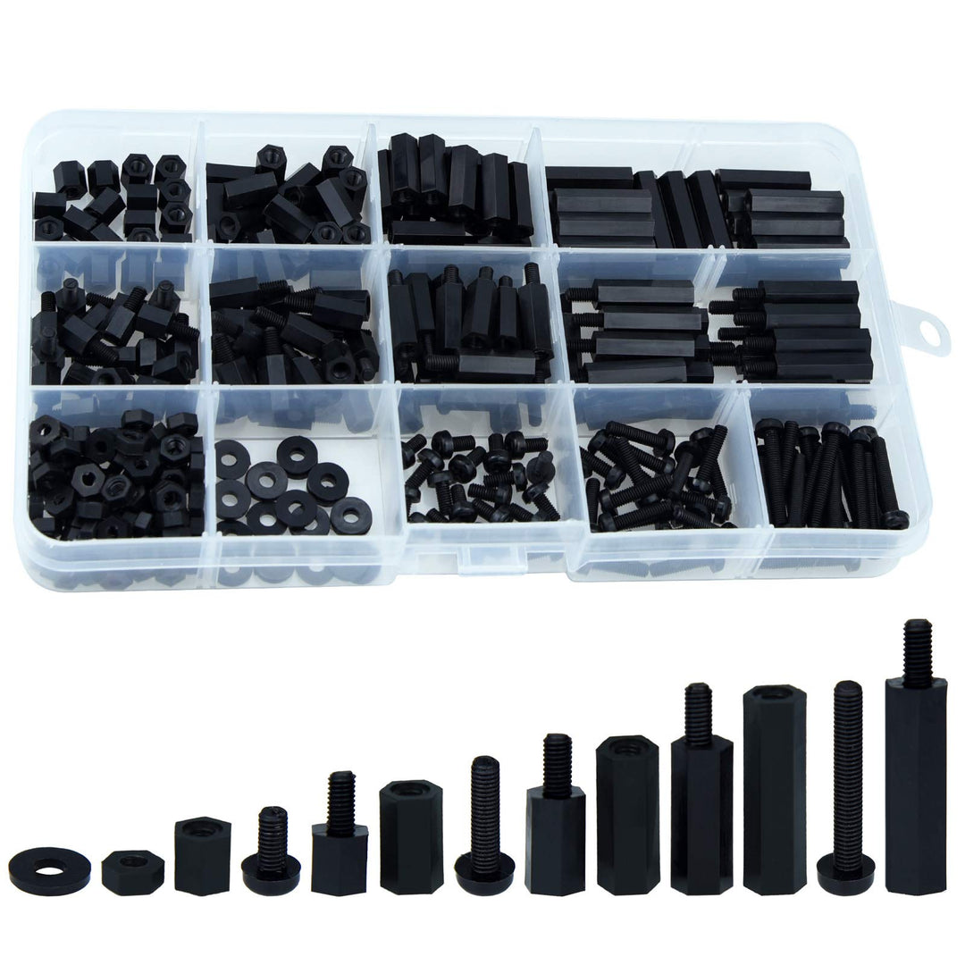 320pcs M3 Nylon Hex Spacer Standoff Kit Male Female Screw Nut Threaded Pillar Hex Standoff PCB Motherboard Circuit Board Standoffs Mounting Hardware Spacer Assortment Kit (Black)