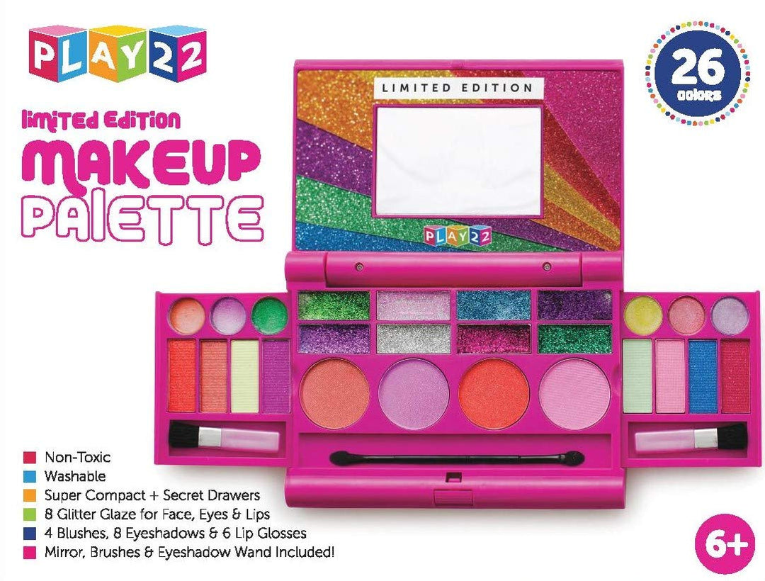 Real Washable Kids Makeup Palette For Girl - My First Princess Make Up Set Include 4 Blushes, 8 Eyeshadows, 6 Lip Glosses, 8 Glitter Glaze, Mirror, Brushes, Eyeshadow Wand - Best Gift