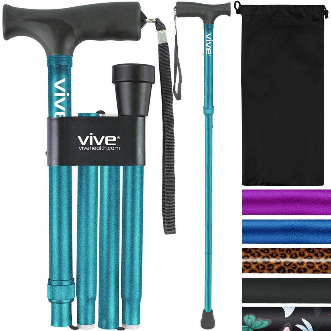 Folding Cane - Foldable Walking Cane for Men, Women - Fold-up, Collapsible, Lightweight, Adjustable, Portable Hand Walking Stick - Balancing Mobility Aid - Sleek, Comfortable T Handles (Teal)