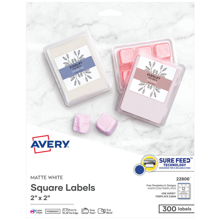 Avery Printable Blank Square Labels, 2 x 2, Matte White, 300 Customizable Labels (22806)