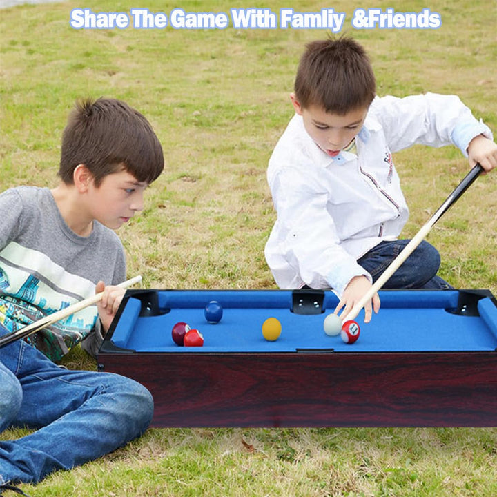 Mini Table Top Pool, Billiards Table with 15 Colored Balls, 1 Cue Ball, 1 Brush, 2 Pool Sticks & Racking Triangle Portable and Fun for The Whole Family by Play