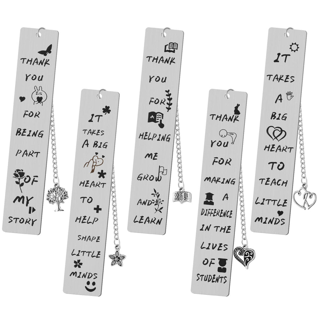 5 Pieces Christmas Teacher Bookmarks Appreciation Gifts Metal Thank You Teacher Bookmarks with Pendants Christmas Xmas End of Year Teacher Presents(Gold)