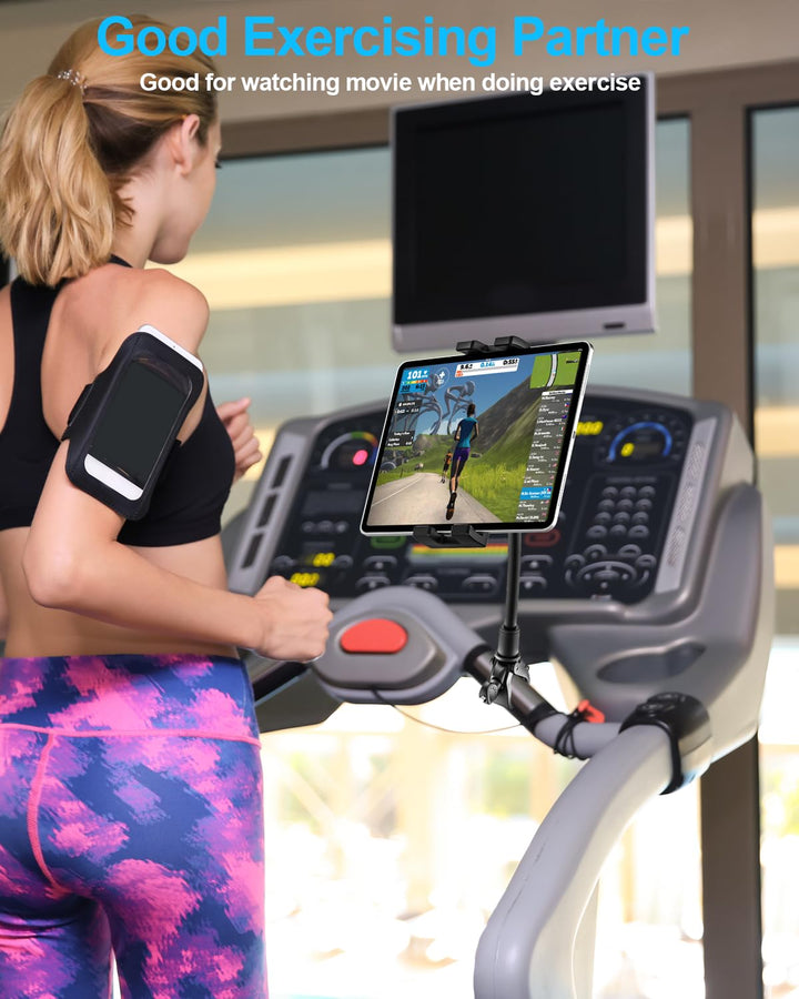 Gooseneck Spin Bike Tablet Mount, Elliptical Treadmill Tablet Holder, Indoor Peloton Stationary Exercise Bicycle Tablet Clamp for iPad Pro 12.9/Air/Mini, Galaxy Tabs, 4-13 CellPhone or Tablets