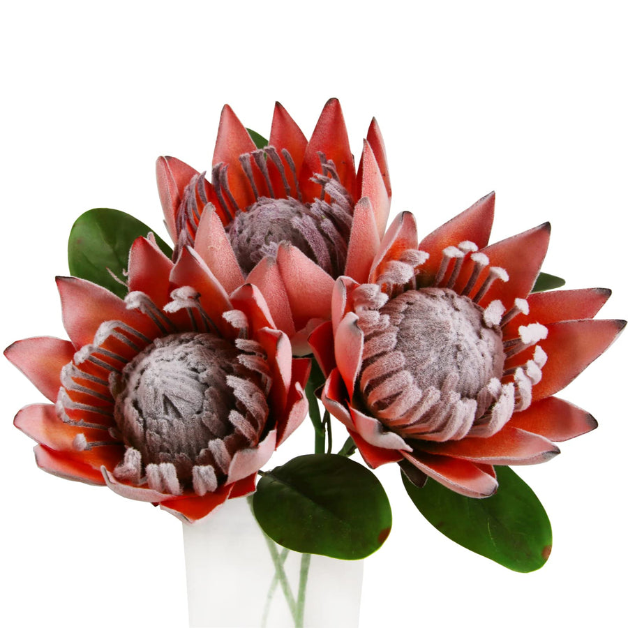 Artificial Protea Cynaroides for Flower Arrangements, Faux Protea for Table Decoration Centerpieces, 3 Pieces Silk Protea Bouquet for Wedding (3, Orange)