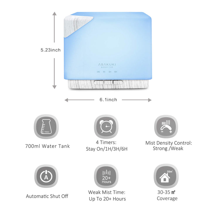 700 ml Premium Essential Oil Diffuser, 5 in 1 Ultrasonic Aromatherapy Fragrant Oil Vaporizer Humidifier, Timer and Auto-Off Safety Switch, 7 LED Light Colors