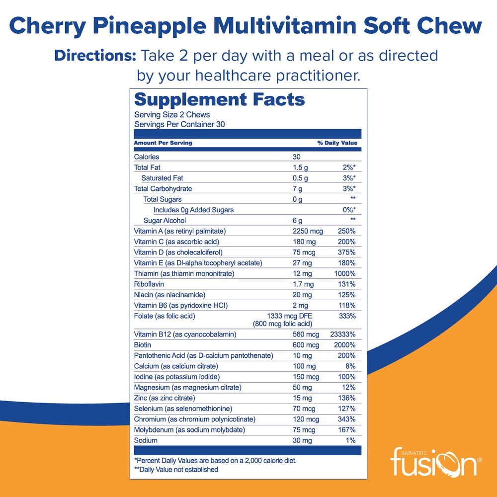 Bariatric Multivitamin Chewable Soft Chew | Cherry Pineapple Flavor | Chewy Bariatric Vitamins for Post Bariatric Surgery Patients | 60 Count | 1 Month Supply