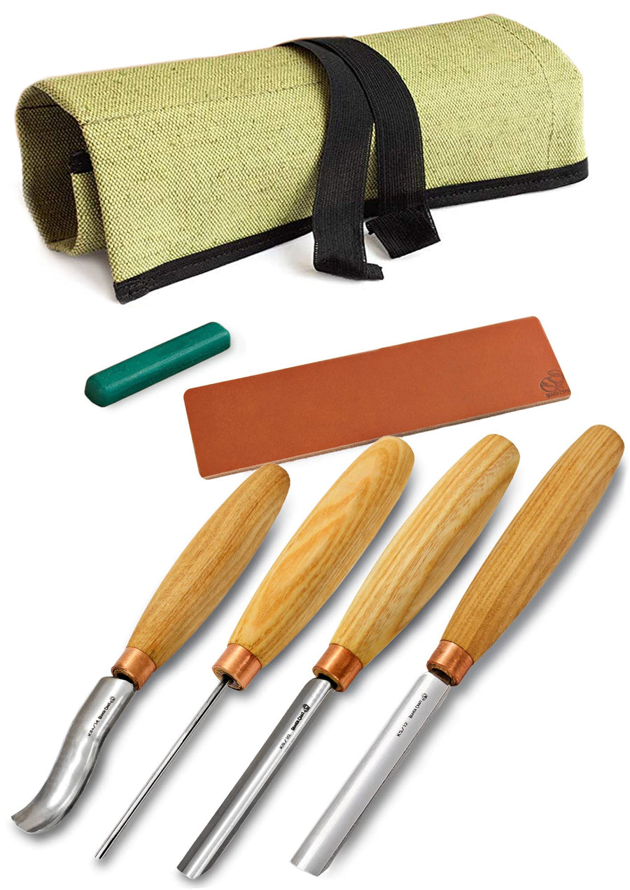 Wood Carving Chisel Set SC01 - Gouge Wood Carving Tools Kit in Rolling Pouch with Leather Strop Polishing Compound Kit - Radial Gouges Flat Chisel Bent Gouge (Chisel Set)
