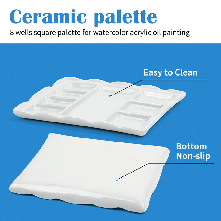 Artist Ceramic Palette, 8 Well Rectangle Porcelain Watercolor Paint Palette for Watercolor Gouache Acrylic Oil Painting, 7-Inch