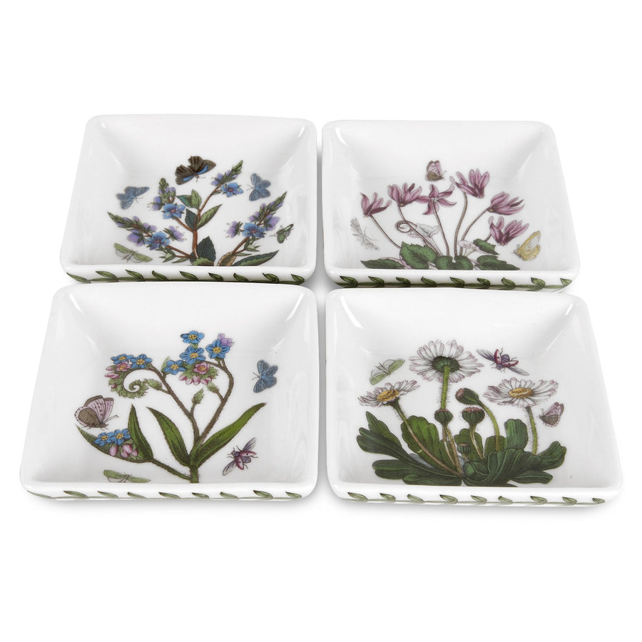 Botanic Garden 3 Square Mini Dipping Dishes - Set of 4 | Assorted Floral Motifs | Fine Porcelain | Chip Resistant Glaze | Dishwasher, Microwave, Freezer, Oven Safe