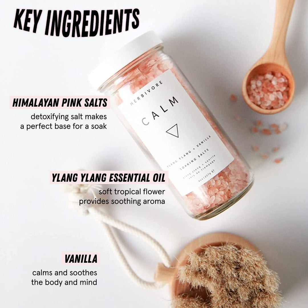 Calm Soaking Bath Salts – Natural Himalayan Pink Salt, Moisturizing + Relaxing, Ylang Ylang & Vanilla, Plant-Based, Vegan, Cruelty-Free, 8 oz