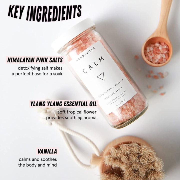 Calm Soaking Bath Salts – Natural Himalayan Pink Salt, Moisturizing + Relaxing, Ylang Ylang & Vanilla, Plant-Based, Vegan, Cruelty-Free, 8 oz
