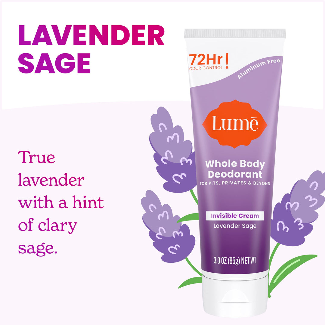 Whole Body Deodorant - Invisible Cream Tube - 72 Hour Odor Control - Aluminum Free, Baking Soda Free, Skin Safe - 3.0 ounce (Lavender Sage)