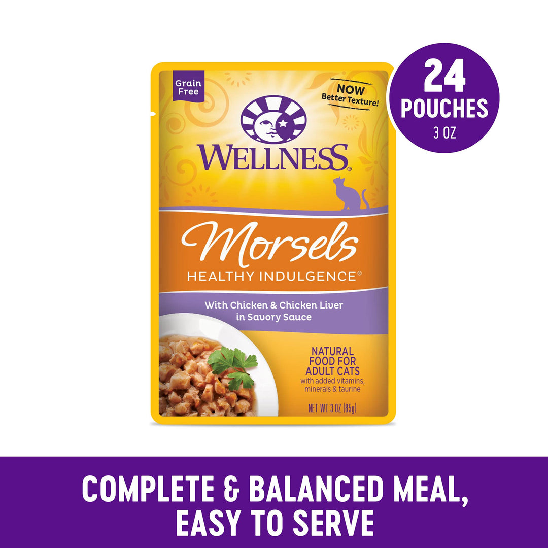 Healthy Indulgence Morsels No Grain Wet Cat Food, Made with Natural Ingredients,Proteins, Complete and Balanced Meal, 3 Oz Pouches (Chicken & Liver, 24 Pack)