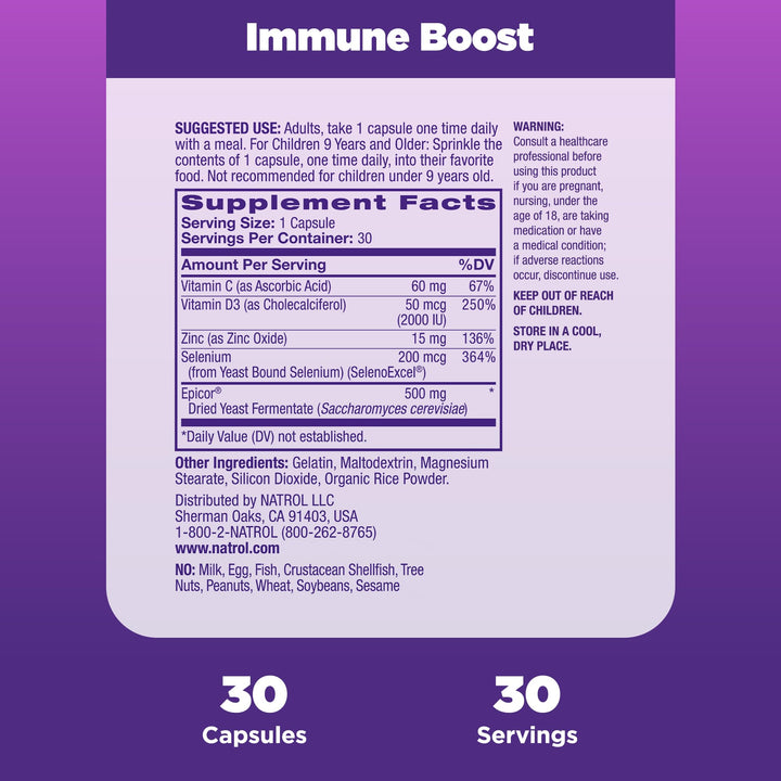 Immune Boost Capsules, Immune Support Dietary Supplement, Made with EpiCor Clinically Tested, Includes Vitamins C, D3, Selenium and Zinc, 30 Count