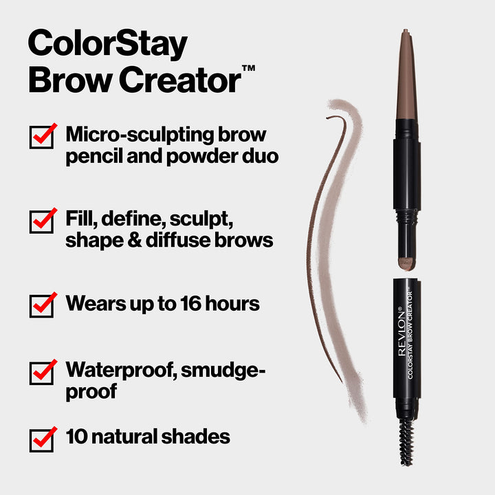 Revlon Colorstay Eyebrow Pencil Creator with Powder & Spoolie Brush to Fill, Define, Sculpt, Shape & Diffuse Perfect Brows, Soft Brown (605) 0.23 oz