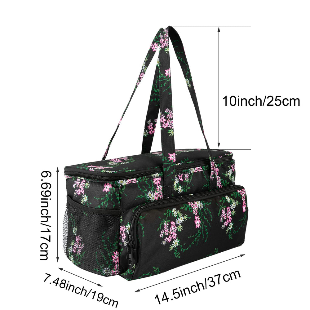 Yarn Storage Organizer Tote Bag Knitting Project Bag Yarn Holder Traveling Crochet Handbag Floral for Bulk Yarns,Crochet Hooks,Knitting Needle,Crochet Acessories (Black Handbag)