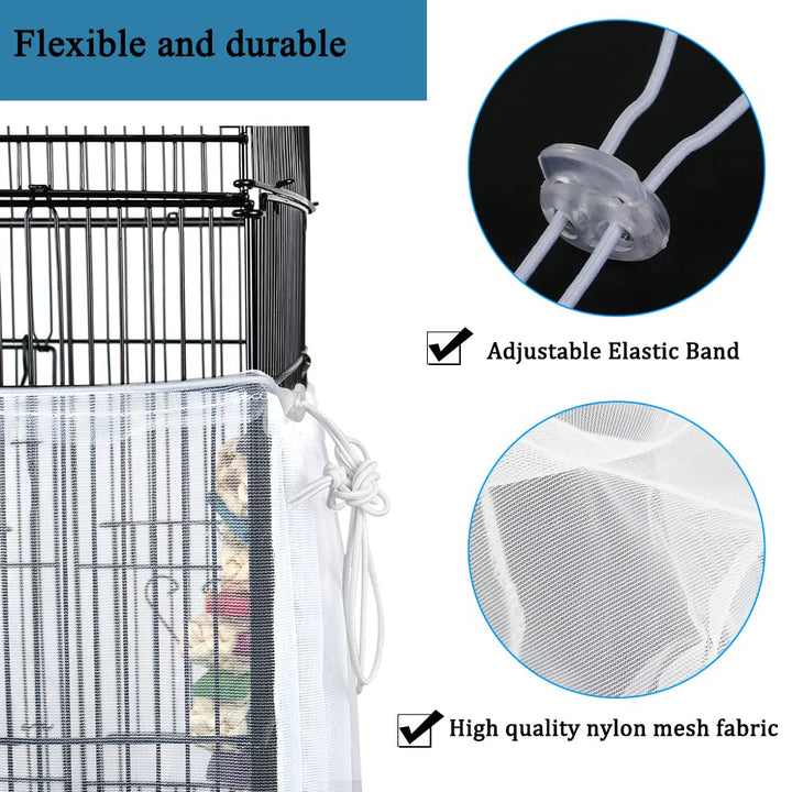Bird Cage Seed Catcher, Bird Cage Cover, Adjustable Birdcage Nylon Mesh Net, Parrot Cage Cover Skirt Seed Guard for Parakeet Macaw African Round Square Cage(White)