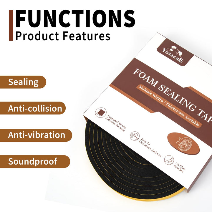 Yotache 3 Strips Foam Weather Stripping 1/4 W X 1/4 T, New Adhesive Craft, Insulation Soundproofing Strips Tape Gasket Seal for Door Frame and Window, Sliding Door Jamb, Total 30 Ft (3 X 10 Ft Each)
