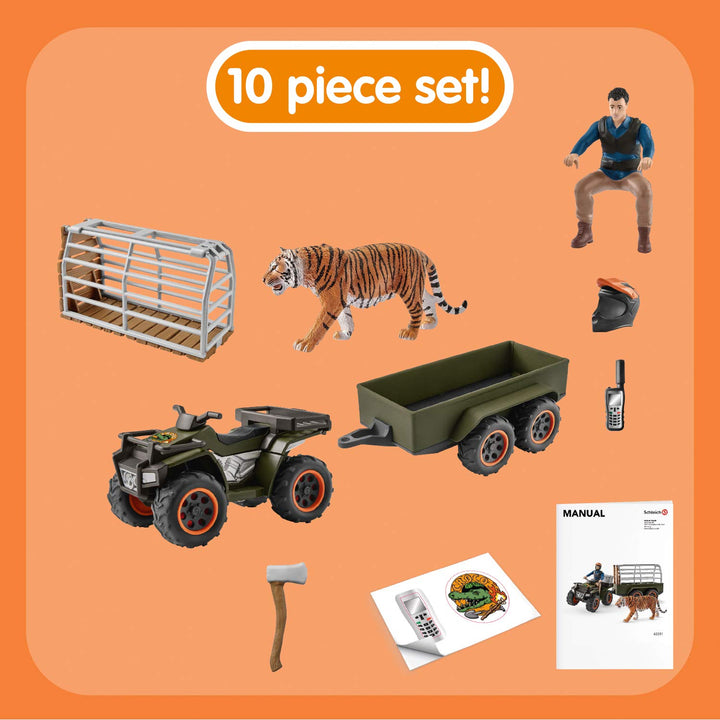 Wild Life Big Truck Animal Rescue Jungle Adventure 10pc Playset - Includes Off Road ATV, Rider, CAges Trailer, Tiger, and Accessories for Boys and Girls, Highly Durable Gift for Kids Ages 3+