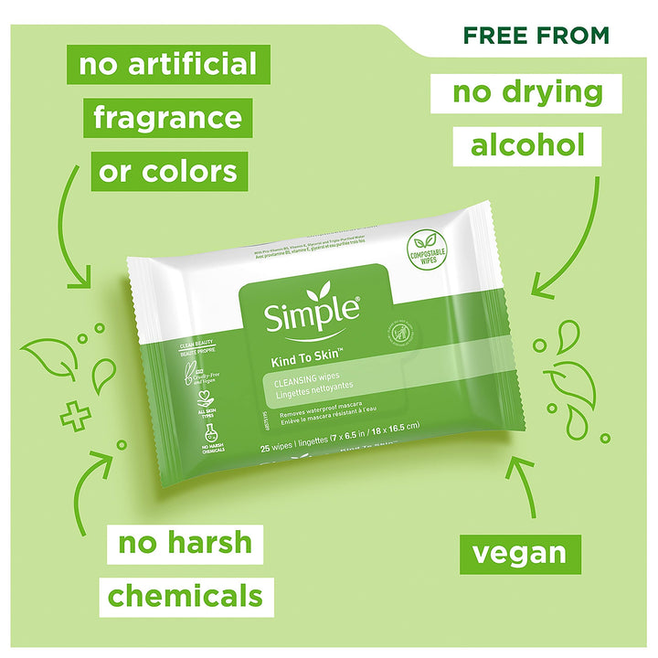 Simple Kind To Skin Cleansing Facial Wipes, 25 Count (Pack of 2)