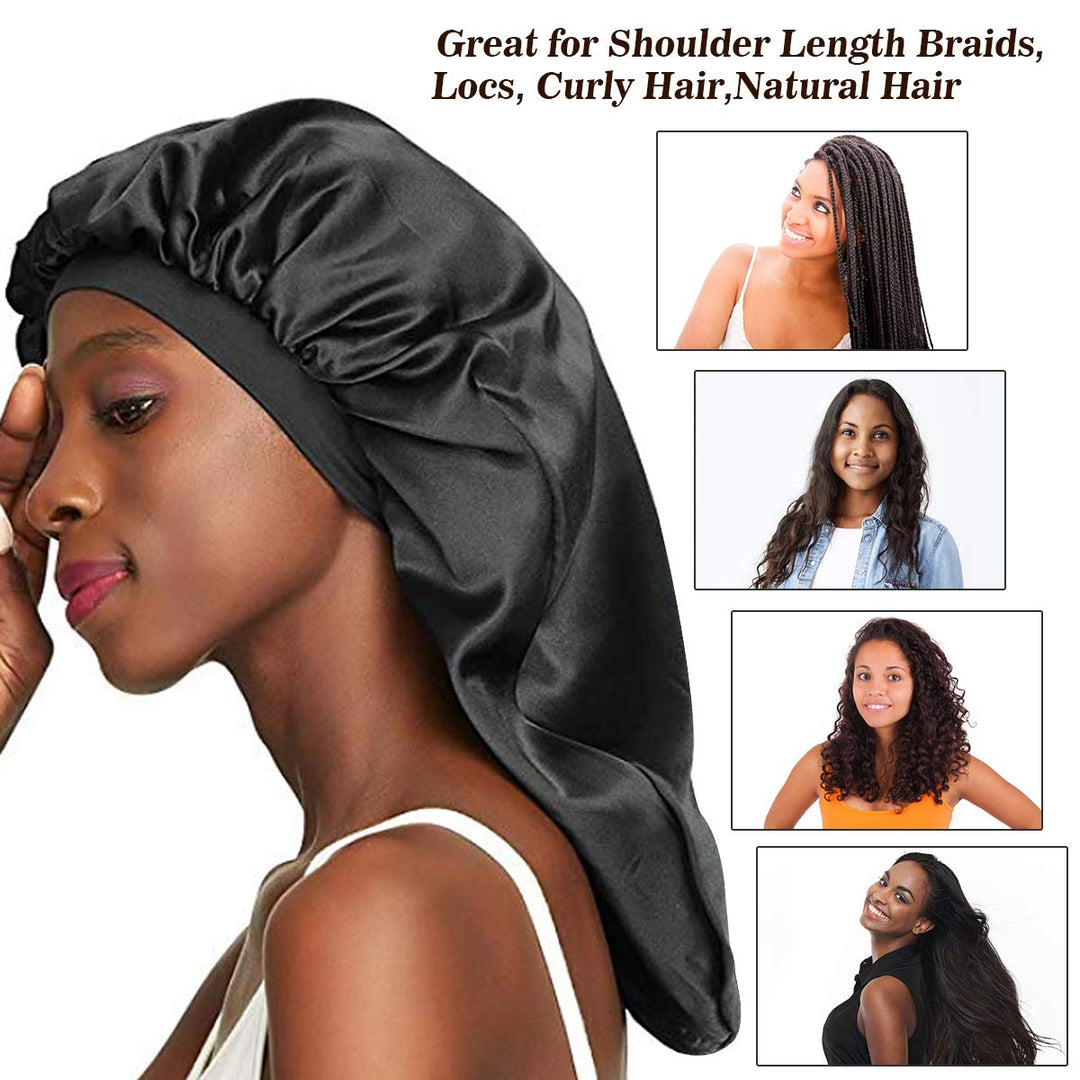 Long Satin Bonnet Sleep Cap,Black Extra Large Silk Bonnet for Natural Hair, Bonnets for Women Night Sleep,Wide Elastic Band, Very Soft & Comfortable (Leopard Print)