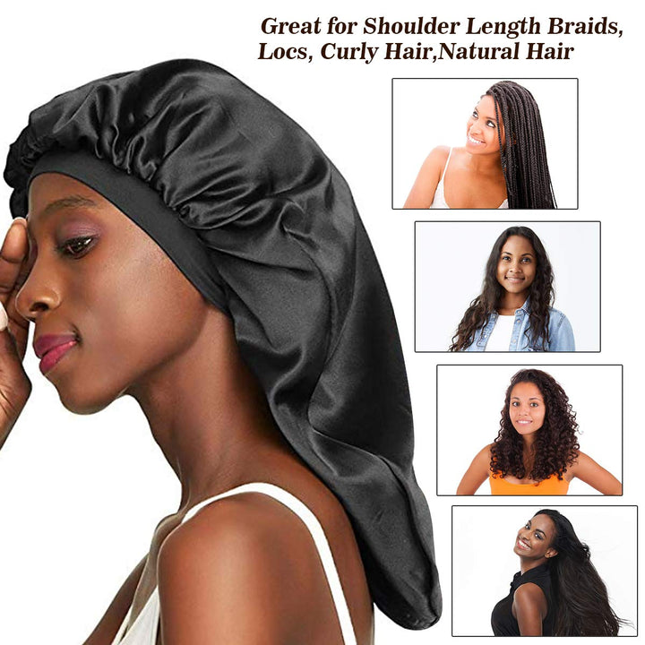 Long Satin Bonnet Sleep Cap,Black Extra Large Silk Bonnet for Natural Hair, Bonnets for Women Night Sleep,Wide Elastic Band, Very Soft & Comfortable (Leopard Print)