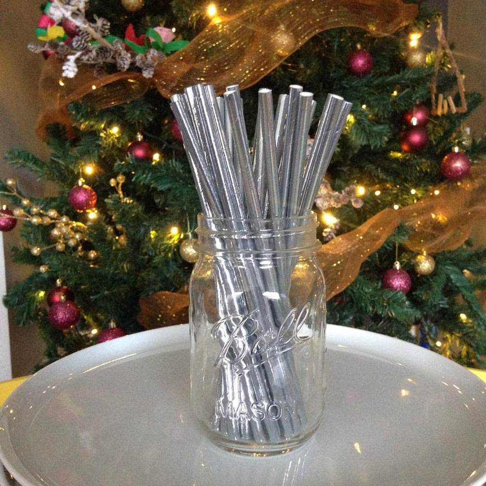 Metallic Silver Paper Straws, Biodegradable Disposable Party Drinking Straws, Pack of 100