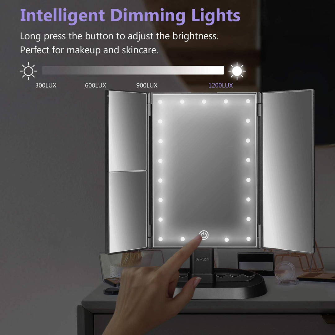 Trifold Lighted Vanity Makeup Mirror with 21 LEDs Lights,1x/2x/3x Magnification and Touch Screen Dimming,Two Power Supplies Makeup Mirror, Gift for Women
