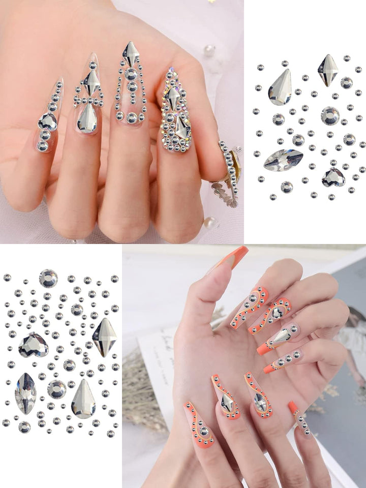 Crystals for Nail Art Rhinestones Flatback Nail Diamonds Gems 3D Nail Art Hearts Rhombus Round Shaped Rhinestones for Nails Crystals with Tweezers