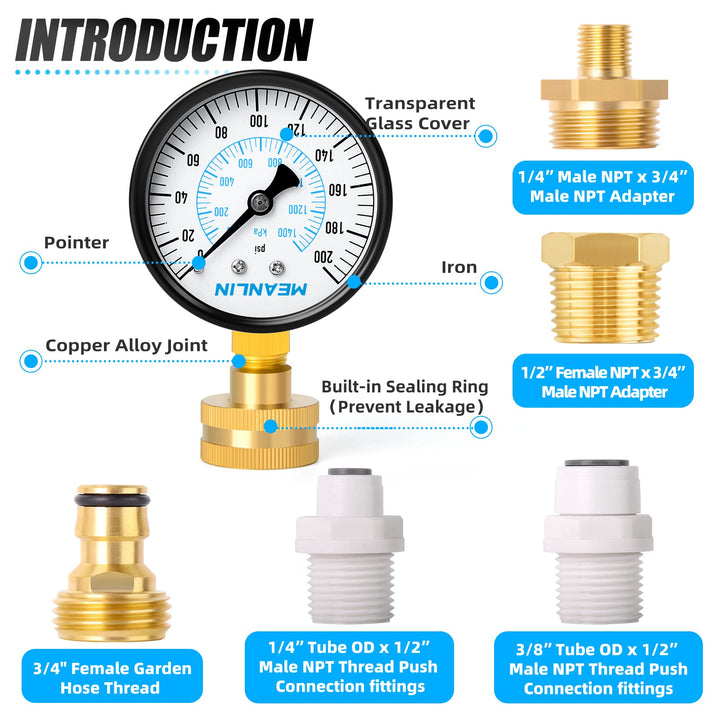 0~200Psi 3/4 Female Water Pressure kit Plus 5 adapters, 2.5 FACE DIAL Multi-Purpose Pressure Gauge kit, Hydraulic Tester,Suitable for Gardens, Water Pipes, etc