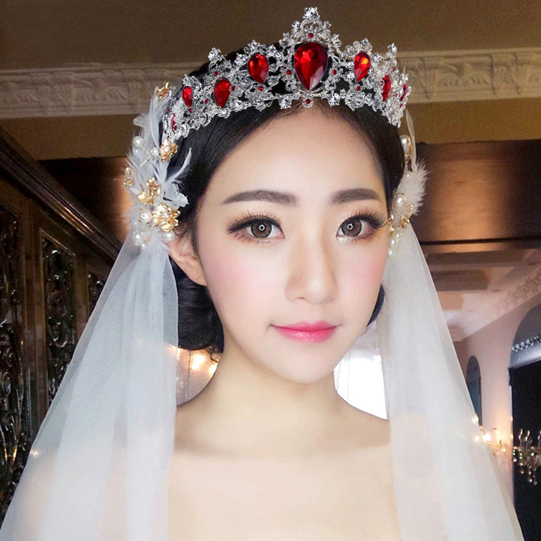 Baroque Queen Crowns Rhinestone Crystal Tiara and Crowns Headband Wedding Tiara for Women Prom Queen Crown (Silver Base, Red)