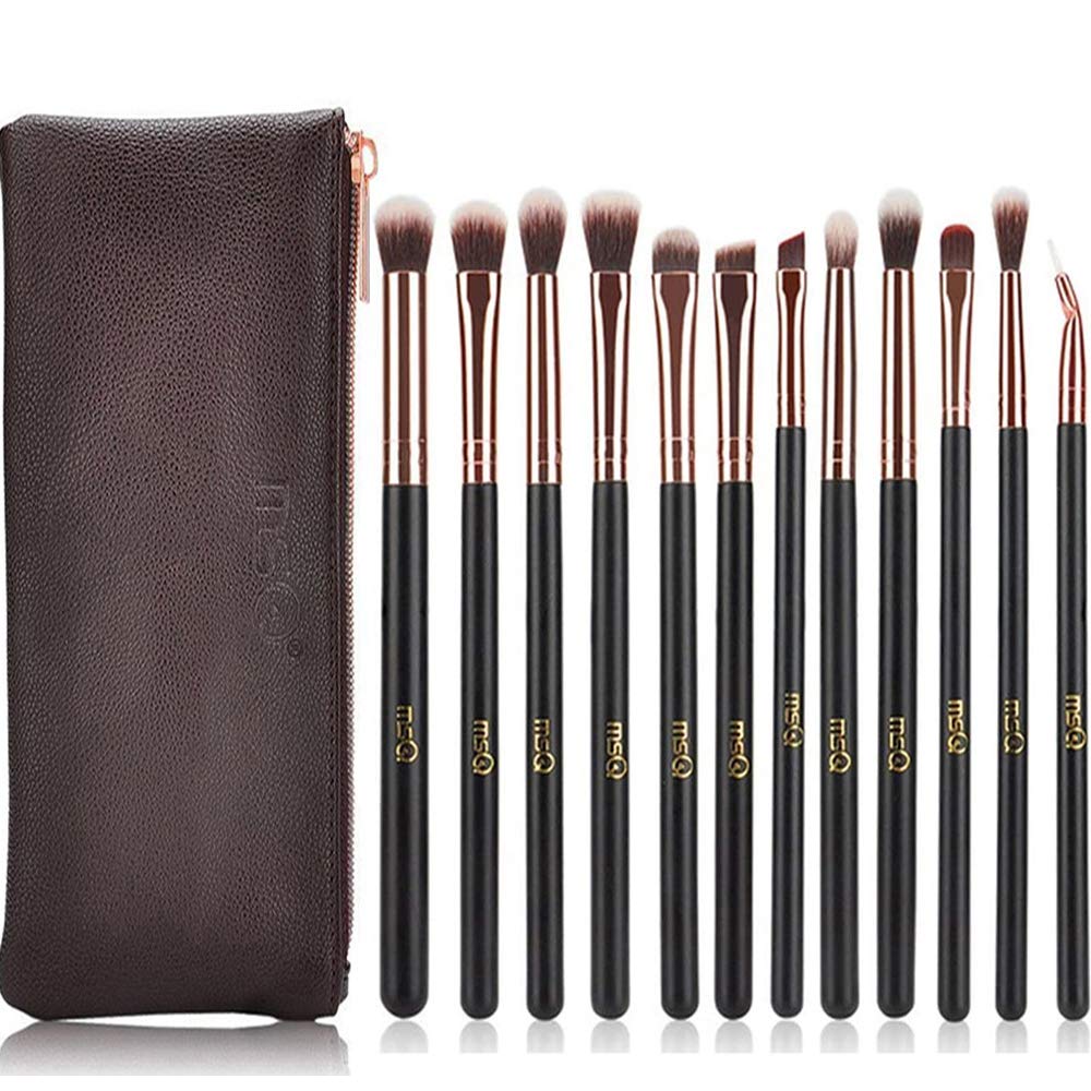 Eyeshadow Brushes 12pcs Rose Gold Eye Make Up Brush Set with Bag (PU Leather Pouch) Soft Natural Hairs for Eyeshadow, Eyebrow, Eyeliner, Blending, Best Gifts - Rose Gold