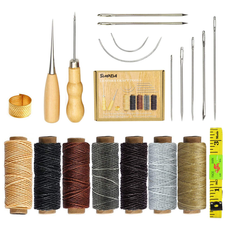 20 Pieces Leather Craft Tools with Hand Sewing Needles Drilling Awl Waxed Thread and Thimble for Leather Upholstery Carpet Canvas DIY Sewing