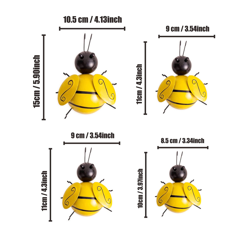 Metal Wall Art, 4PCS Metal Bumble Bee Wall Decor, 3D Iron Bee Art Sculpture Hanging Wall Decorations for Outdoor Home Garden