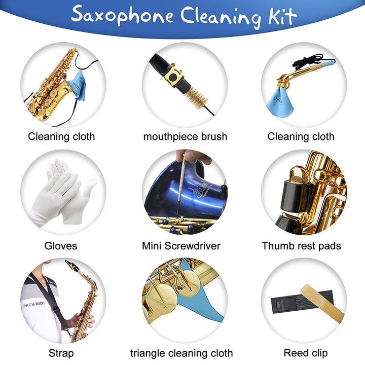 Saxophone Cleaning kit, with Case for Alto Tenor Clarinet Flute and other Wind & Woodwind Struments Including Sax Cleaning Cloth(4pcs),Mouthpiece Brush Thumb Rest Cushion Reed Case,(Blue)