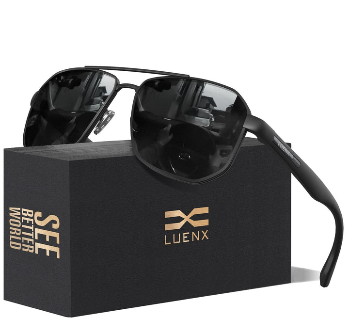 Aviator Sunglasses for Men Driving Square Polarized Polygon Lens - UV 400 Protection with Accessories(Dark Silver Grey Lens)