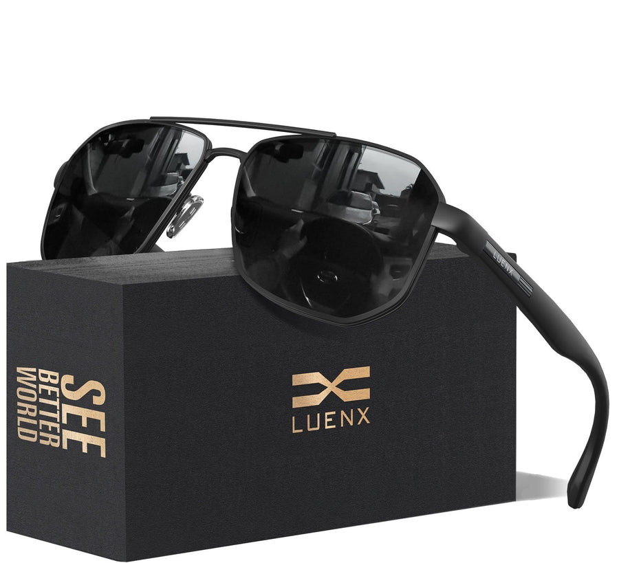 Aviator Sunglasses for Men Driving Square Polarized Polygon Lens - UV 400 Protection with Accessories(Dark Silver Grey Lens)