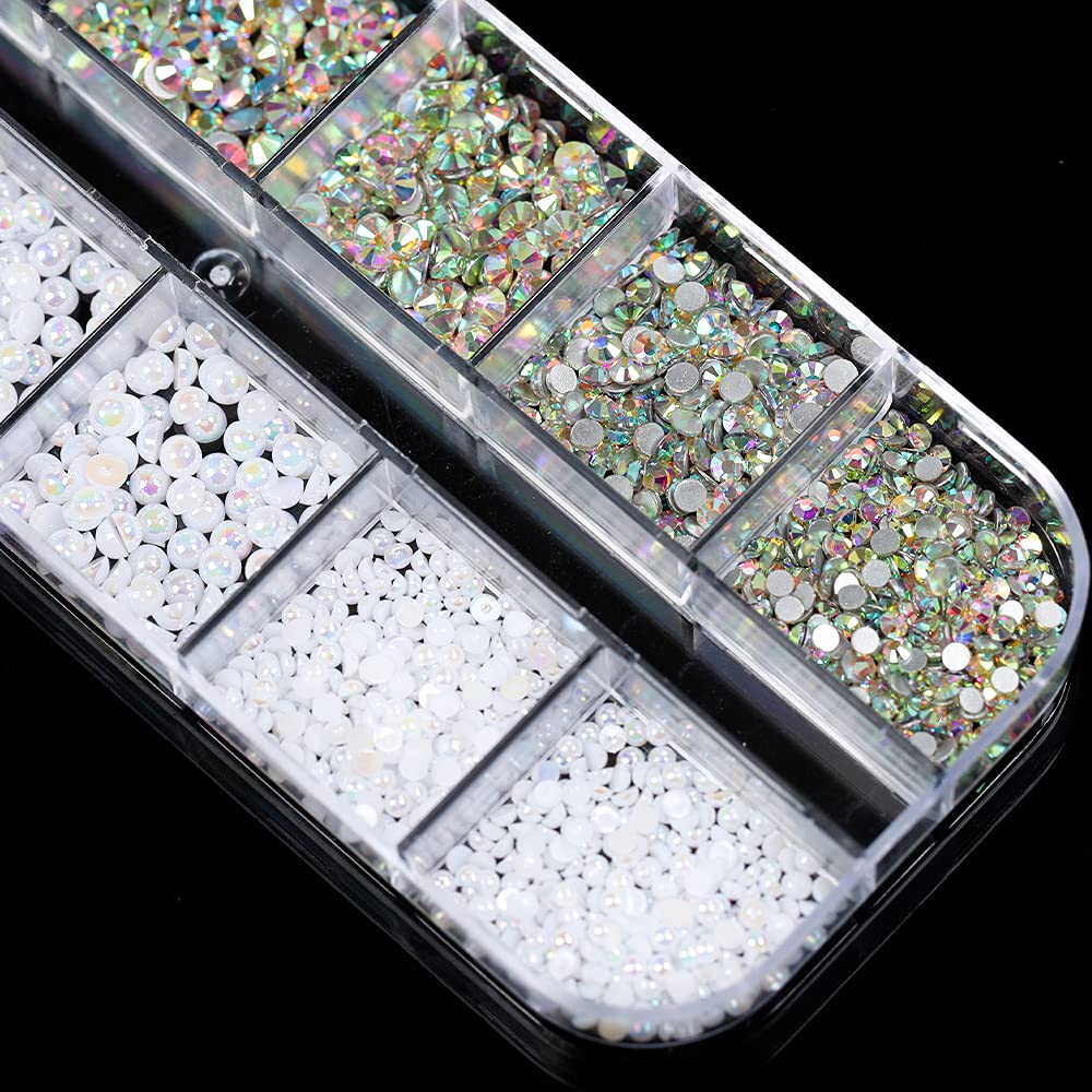 1 Box White AB Nail Pearls and Rhinestones for Nail Art Decoration, Mixed Size Flatback Glass Nail Rhinestones Crystals Gems Acrylic Nail Pearls Nails Accessories Glitter Nail Supplies