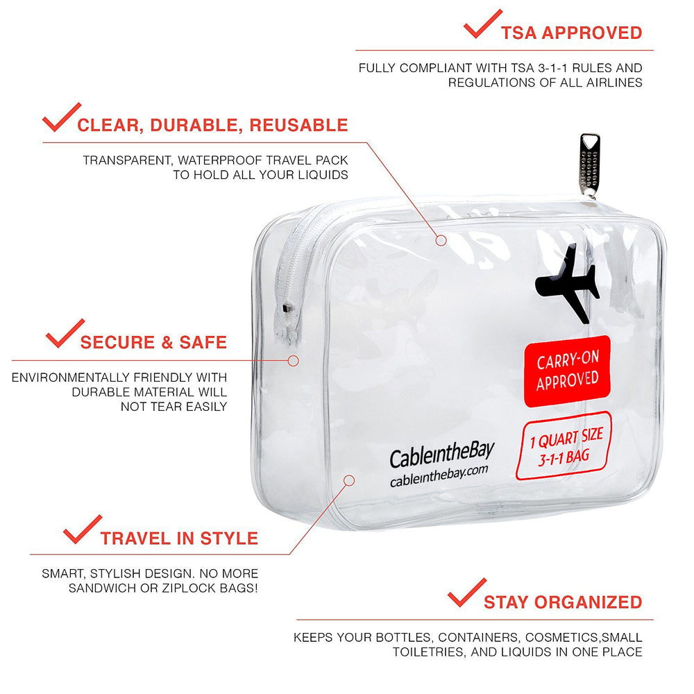TSA Approved Clear Travel Toiletry Bag-Quart Sized with Zipper-Airport Airline Compliant Bag/Bottles-Men's/Women's 3-1-1 Kit+Travel (1 PACK)