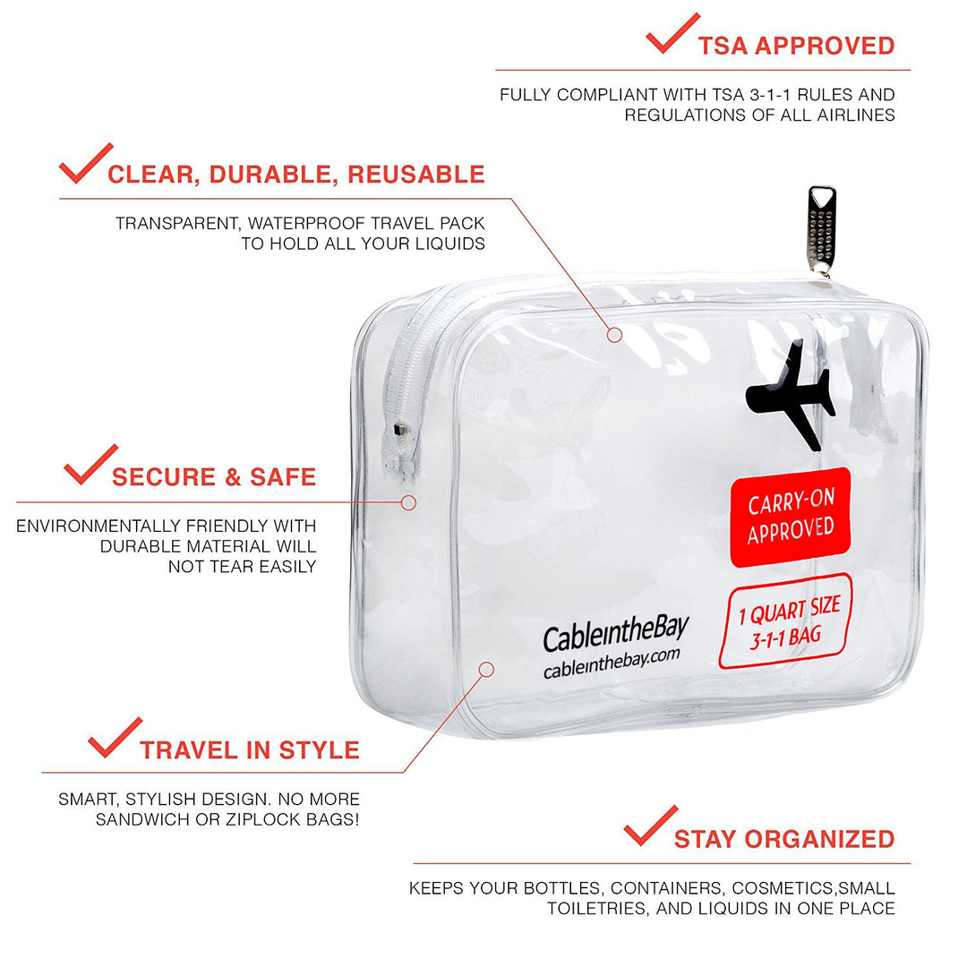 TSA Approved Clear Travel Toiletry Bag-Quart Sized with Zipper-Airport Airline Compliant Bag/Bottles-Men's/Women's 3-1-1 Kit+Travel (1 PACK)