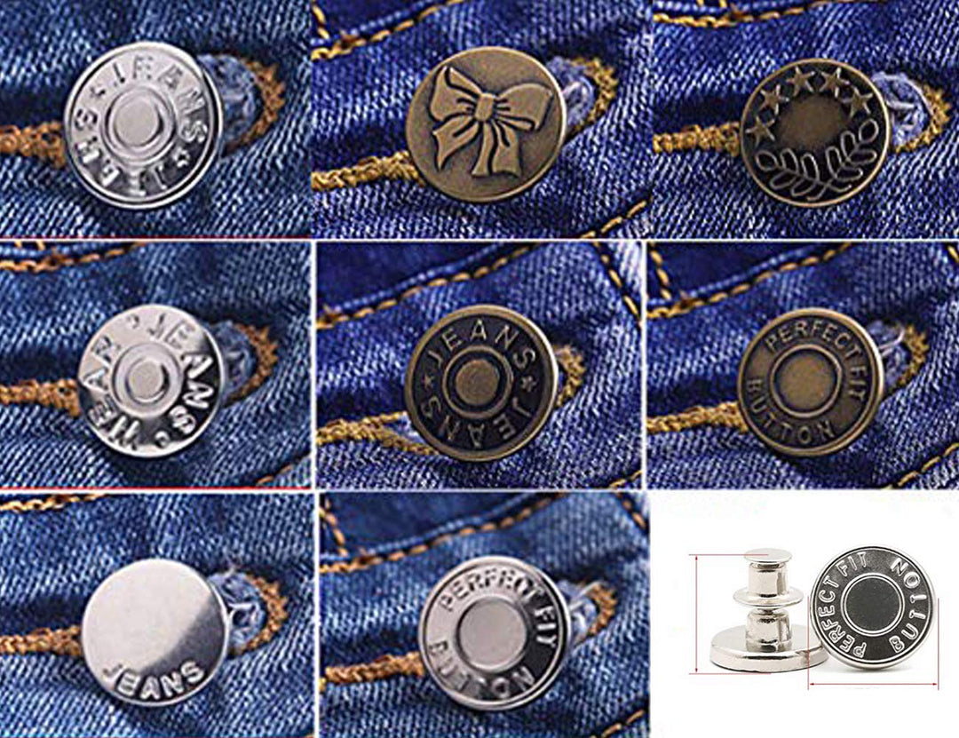8PCS Perfect Fit Instant Button Pin, Instant jeans Buttons tightener, Jean Replacement Buttons Removable Button for loose jeans No Sew Buttons to Extend or Reduce an Inch to Any Pants Waist in Seconds