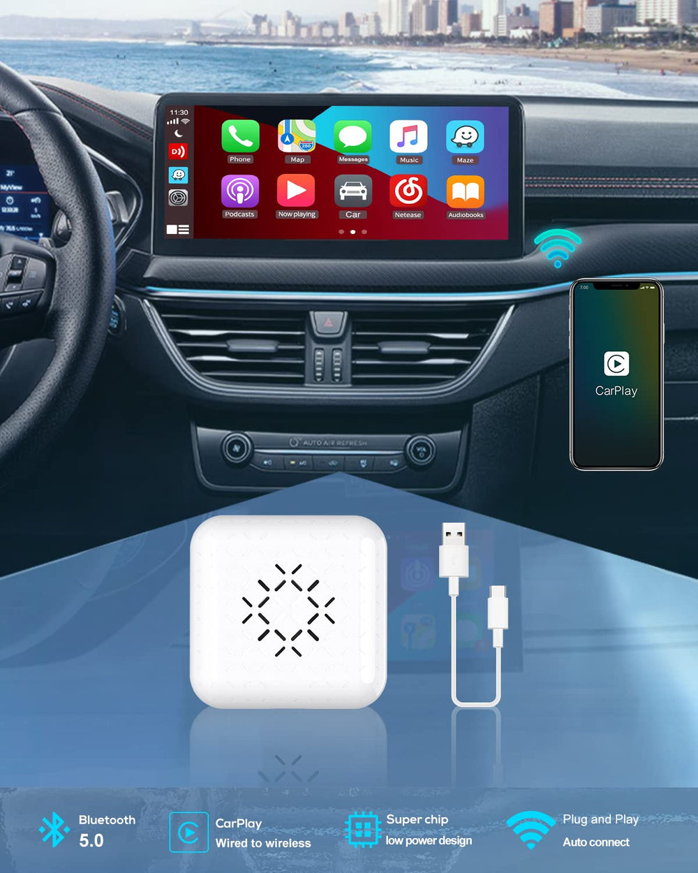 CarlinKit 3.0 Mini Wireless CarPlay Adapter for Factory Wired CarPlay Cars, Wired to Wireless CarPlay for Enjoy Intelligent Life, Fit The car from 2016, for iPhone iOS Version 10+