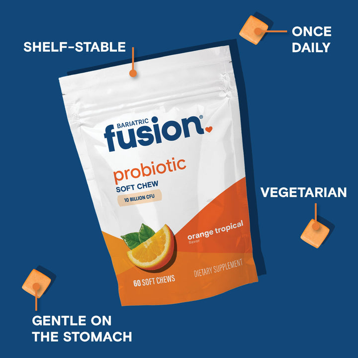 Bariatric Probiotic Soft Chews | Orange Tropical Flavor Chewy Bariatric Vitamin | Bacillus Coagulans 10 Billion CFU Chewable Probiotic | Support Digestive & Immune Health | 60 Count