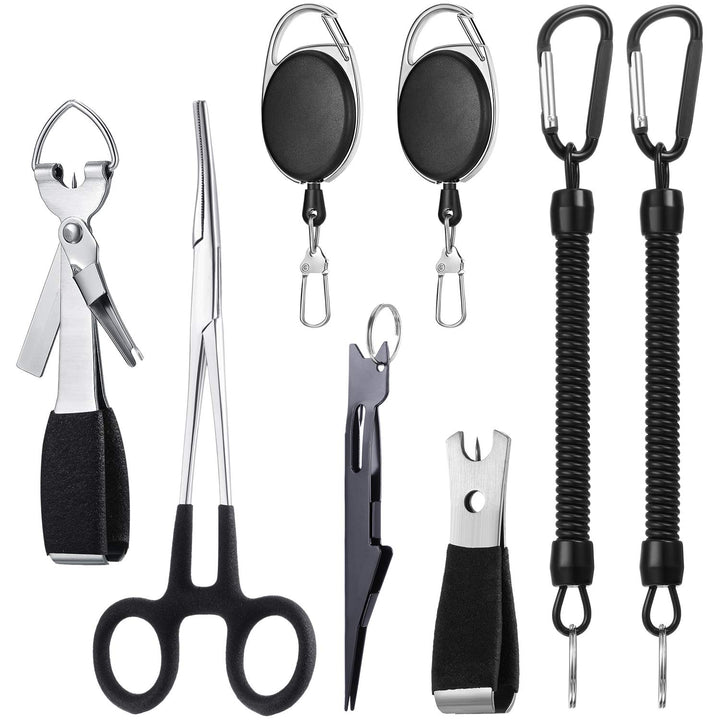 8 Pieces Fly Fishing Tools Accessories Include 4 in 1 Fly Line Clipper Black Knot Tyer Fishing Line Nipper Fishing Hook Remover Forcep Retractors Keychains and Fishing Lanyard for Anglers